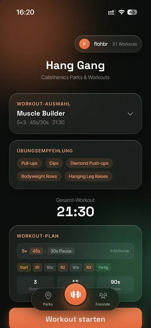 Hang Gang App - Workout-Auswahl