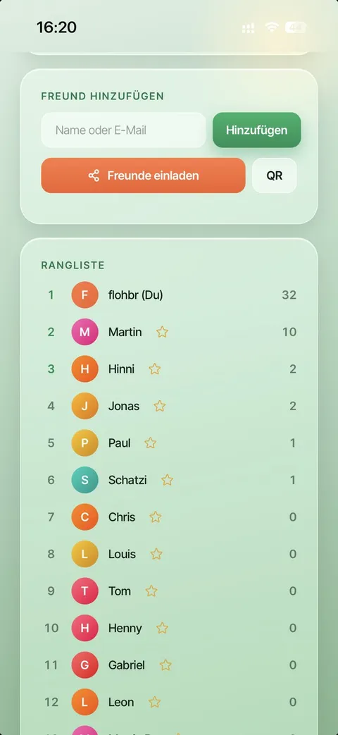 Hang Gang App - Rangliste mit Freunden